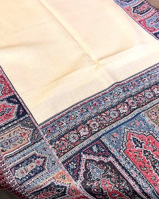 Mihrab Kani Shawl — Ivory & indigo