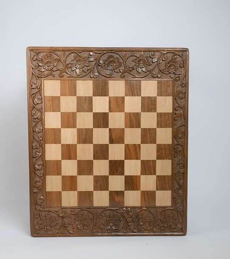Chess Table with Two Drawers — Rose carving, inlaid board